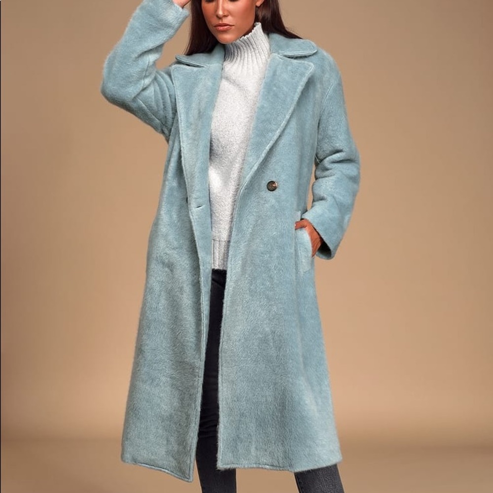 Light Blue Long Faux Fur Coat w/ Belt